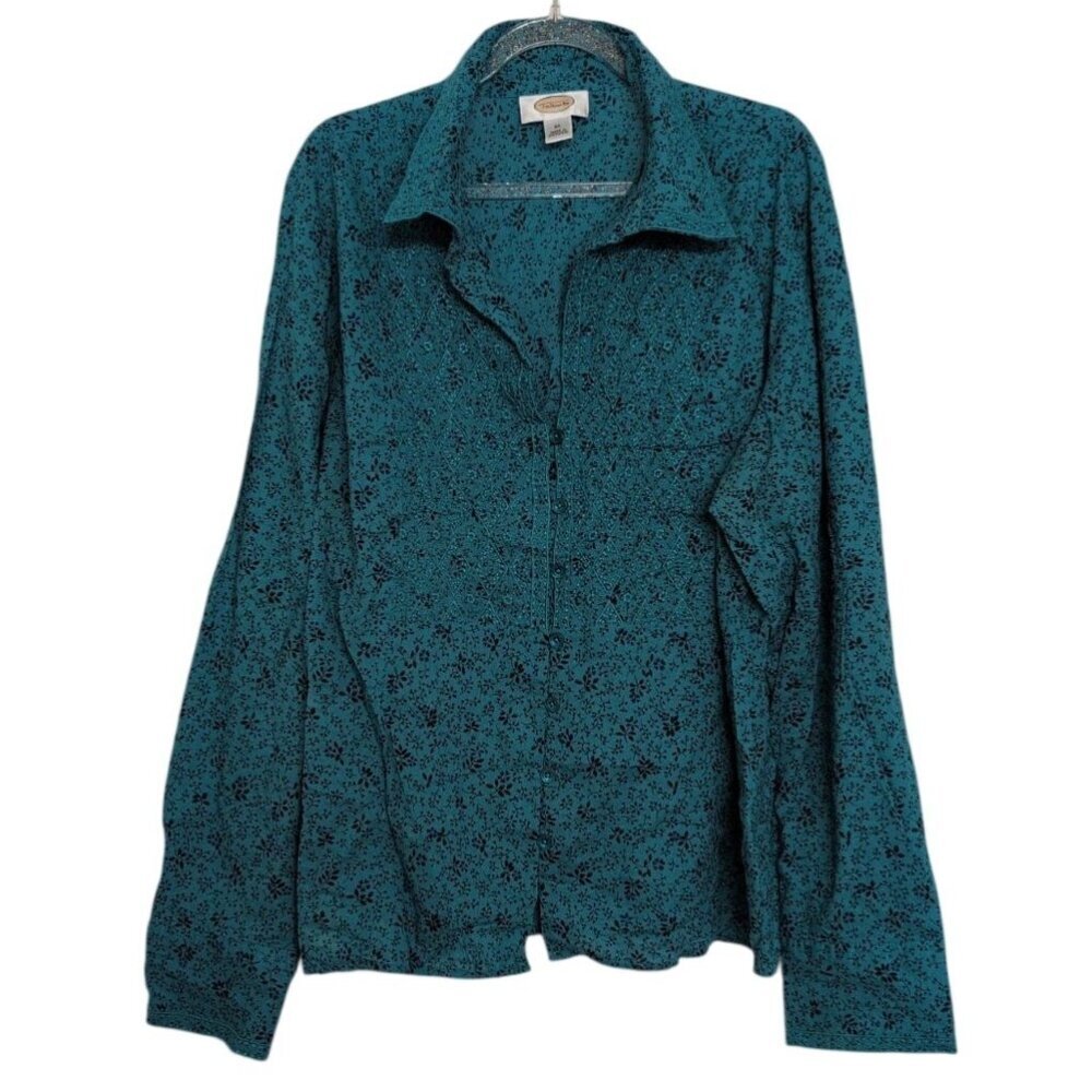 Talbots Embroidered Floral Shirt Womens Size XL Teal Blue Lightweight V Neck